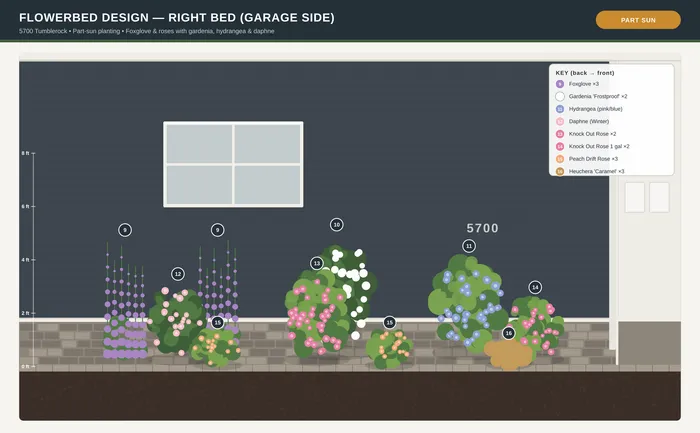 Elevation design board of the garage-side bed in part sun