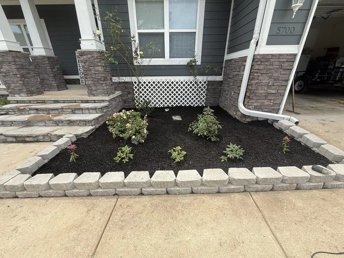 Rebuilt garage-side bed with stone border, dark mulch, roses and perennials